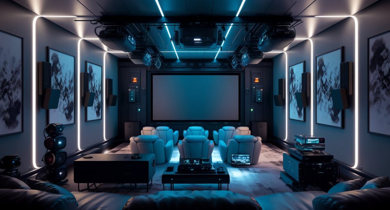 a futuristic multi channel home theatre with a shining effect