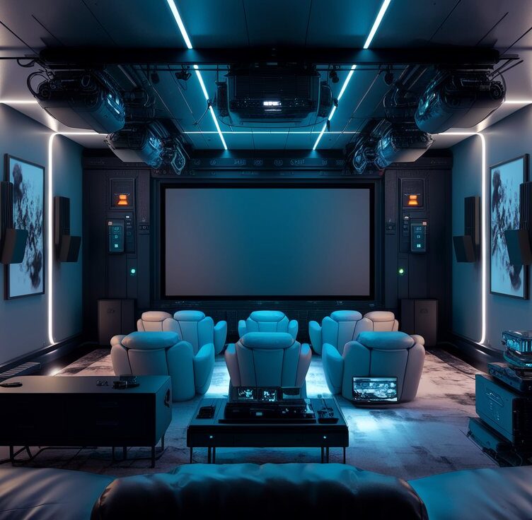 a futuristic multi channel home theatre with a shining effect